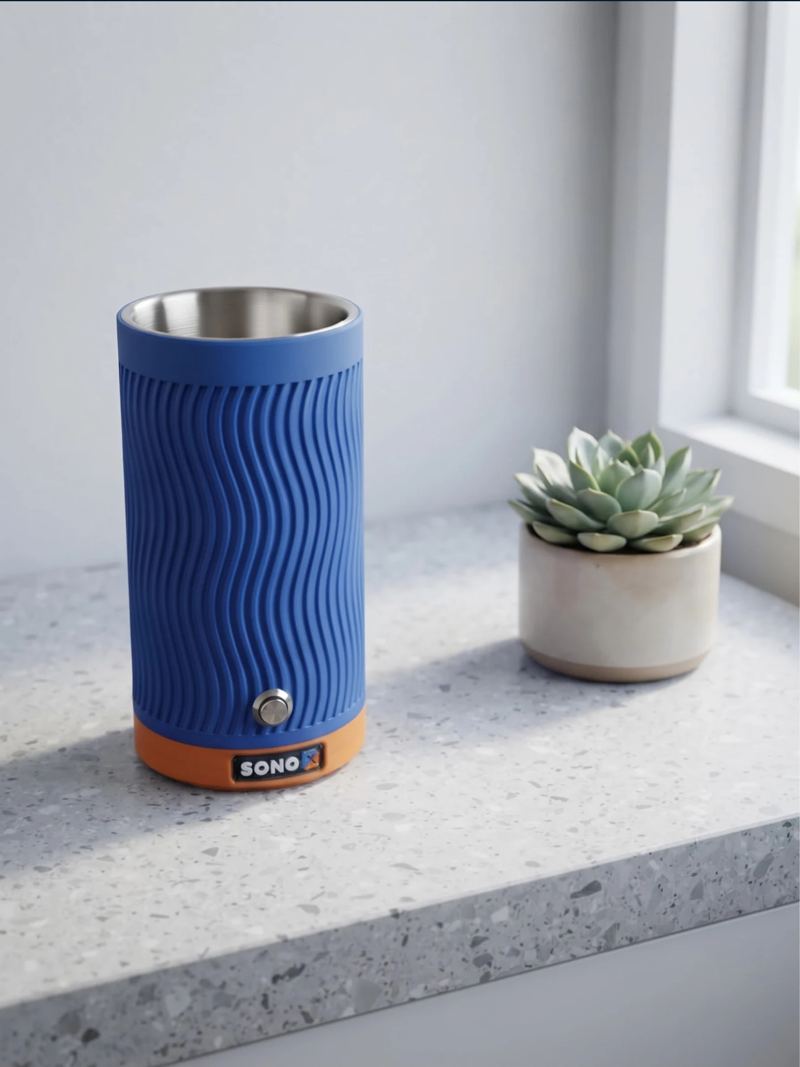 Blue SonoX Pro with orange base on a window sill beside a plant